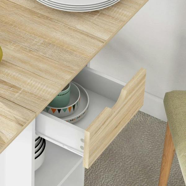 Oak drop-leaf table with open compartment under the top, holding plates and bowls