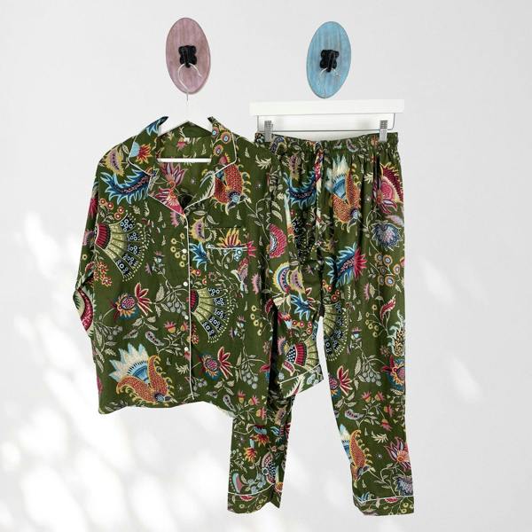 Hayley & Co Green Block Print Floral 100% Cotton Long Pyjama Set