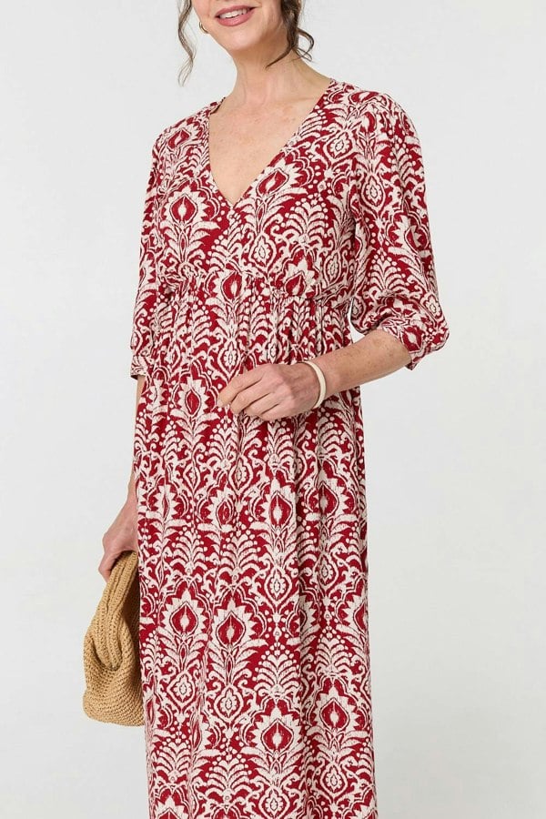 Red | Printed Ruched 3/4 Sleeve Midi Dress
