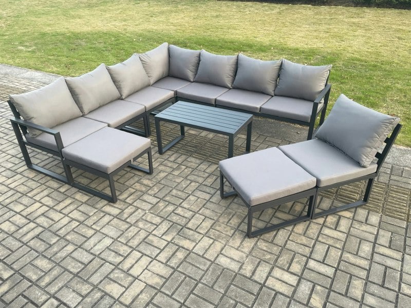 Fimous Aluminium 10 Seater Patio Outdoor Garden Furniture Lounge Corner Sofa Set with Oblong Coffee Table 2 Big Footstools Dark Grey
