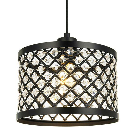 Happy Homewares Modern Ornate Black Metal Pendant Shade with Clear Acrylic Beads