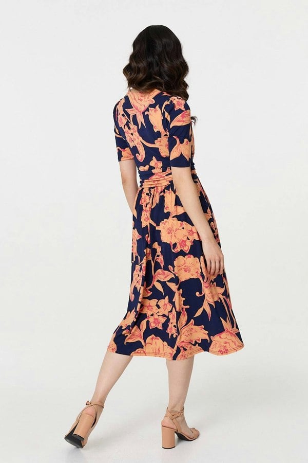 Navy | Printed Shirred Cap Sleeve Knee Length Dress
