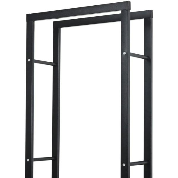 Black metal firewood log holder top section with side rails, open vertical frame