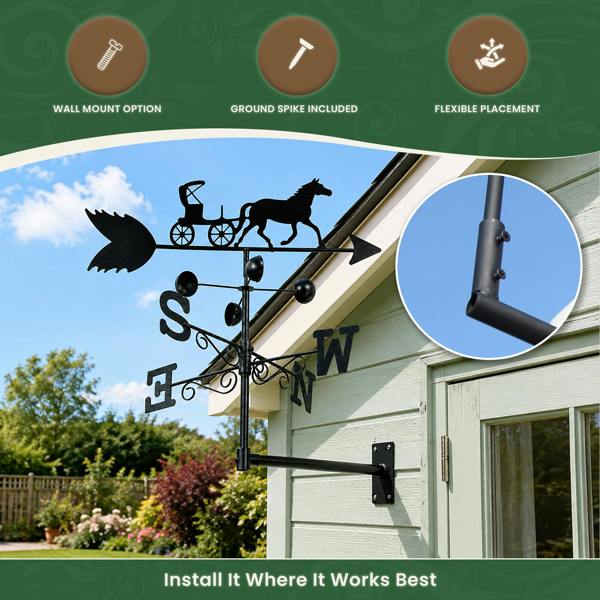 Horse & Carriage Weathervane – Outdoor Wind Direction Indicator with Speed Cups, Steel Construction, Wall Fixings & Ground Spike, 1.7m Tall
