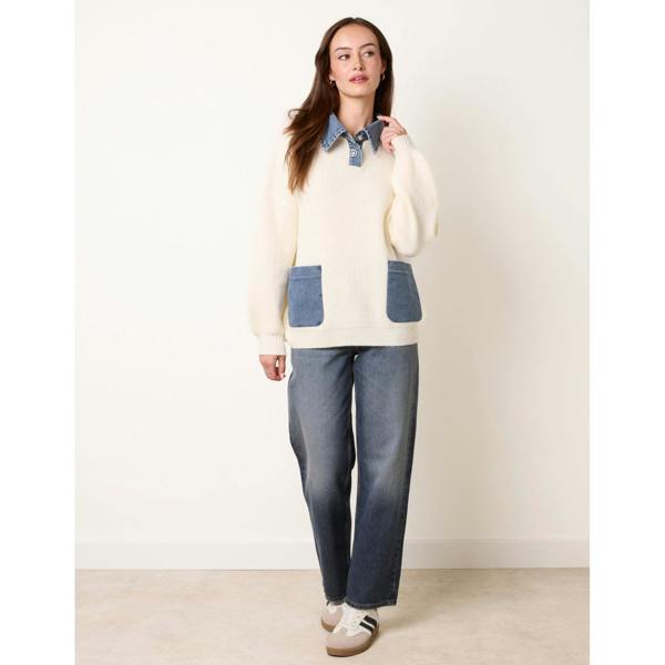 Blue Vanilla Denim Collar And Pocket Detailed Jumper