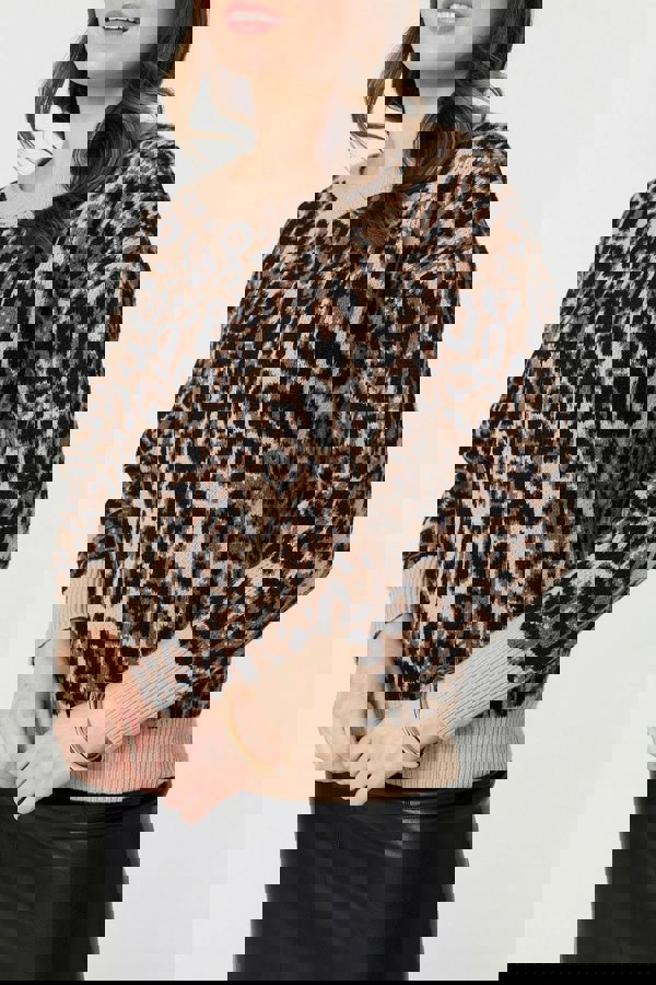 Beige | Animal Print Contrast Hem Knit Jumper