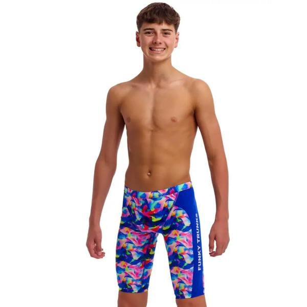 Funky Trunks Boys Wet Wave swim training jammers in blue tie-dye with funky tribal text