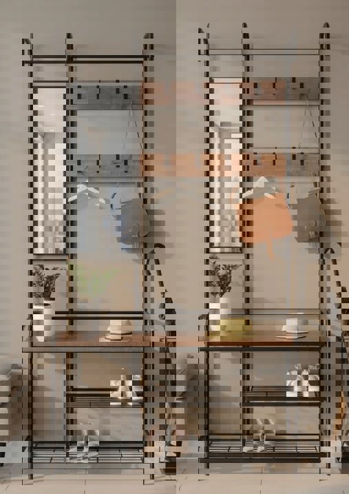 Modcraft Entryway Coat Hanger Stand with Shoe Bench & Mirror Black Rustic Oak Hallway Storage Unit