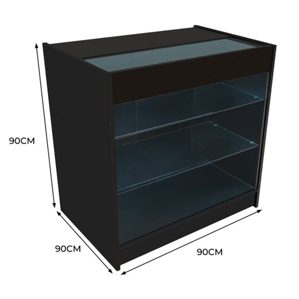 Black LED retail shop counter K900 with glass shelves, sleek design, and modern finish, dimensions 90cm x 90cm x 90cm