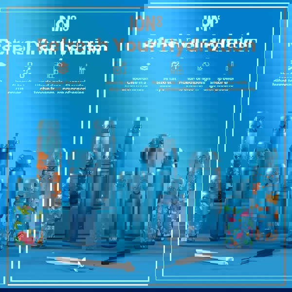 Several ION8 water bottles, in various sizes and designs, are displayed on a blue surface. Accessories are also shown. The context is an advertisement for the product line.