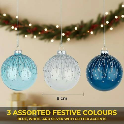 8cm Glass Christmas Baubles Set, Blue and White, 12 Pack with 3 Assorted Designs image 6