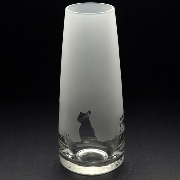 Glyptic Glass Art French Bulldog Dog Glass Bud Vase - Hand Etched/Engraved Gift