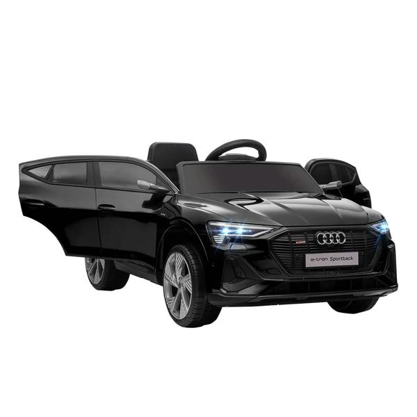 Black kids electric ride-on car with open doors and front LED headlights