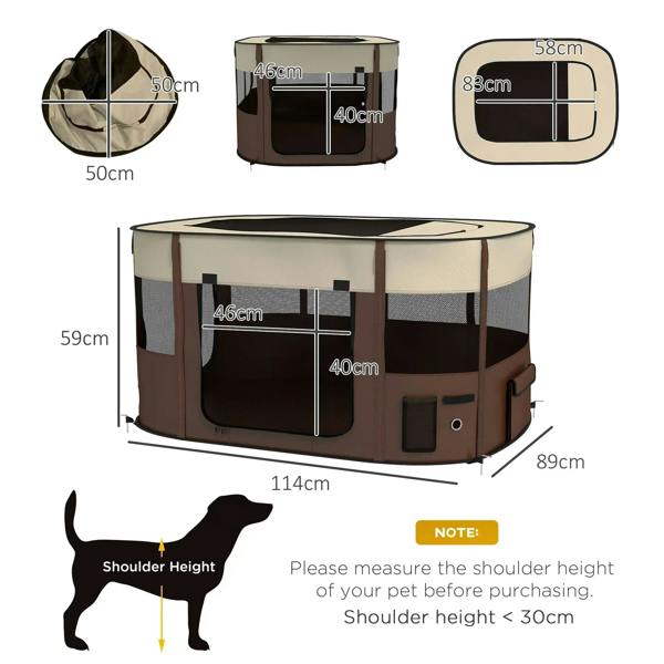 Brown foldable dog pen with multiple door openings and mesh panel walls