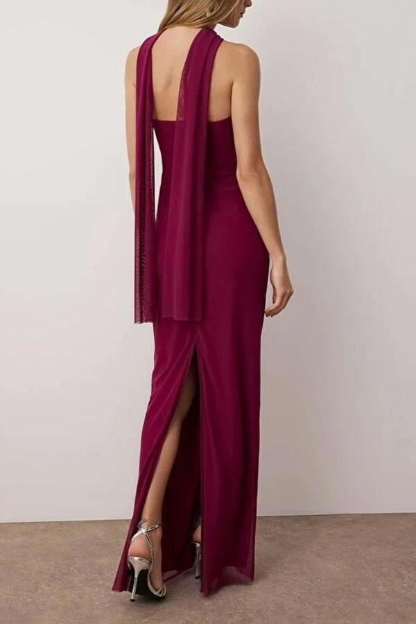 WOVCOR Tulle Knit Maxi Evening Dress with Shawl Detail