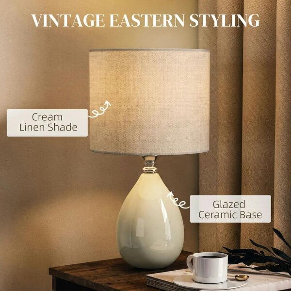 Table Lamp, Vintage Eastern Bedside Desk Lamp with Fabric Lampshade for Study, Bedroom, Living Room, Cream White