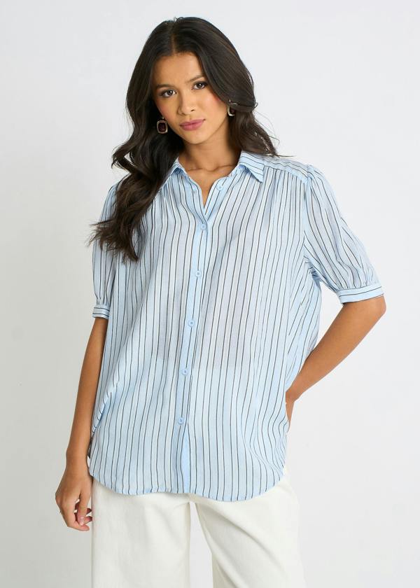 Gini London Blue Pinstripe Soft Touch Puff Sleeves Shirt