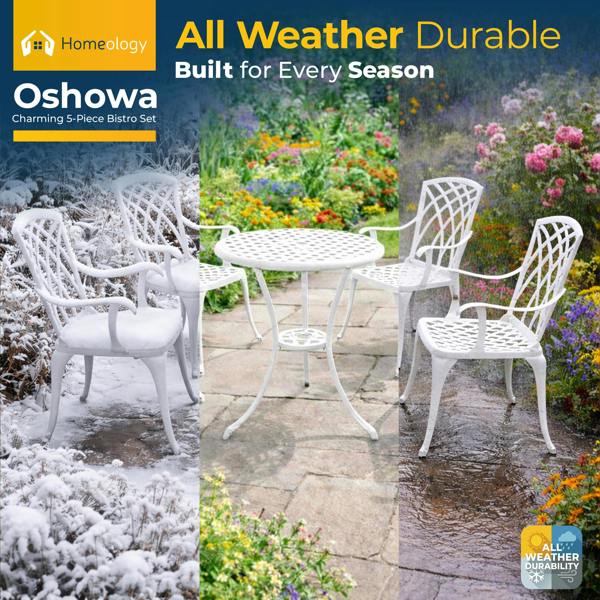 Homeology OSHOWA Luxurious Garden and Patio Table and 4 Large Chairs with Armrests Cast Aluminium Bistro Set - White with Black Cushions