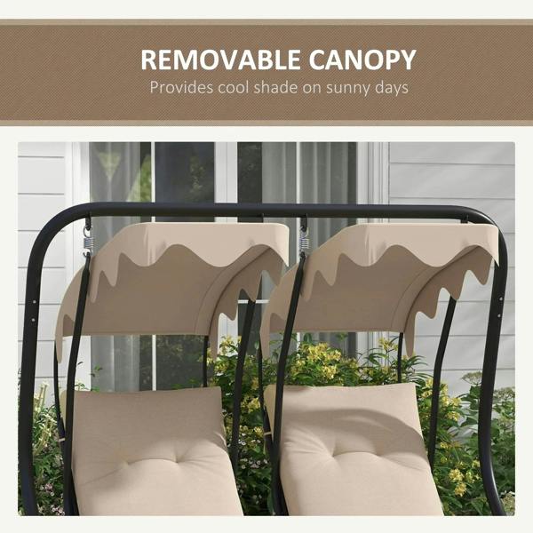 Beige two-seat swing chair with protective canopy, beige cushions under scalloped canopy.