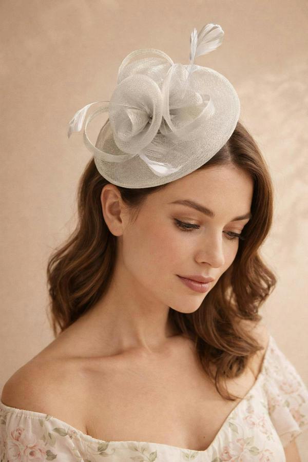 Floral Fascinator with A Wide Base in Light Grey - svnx
