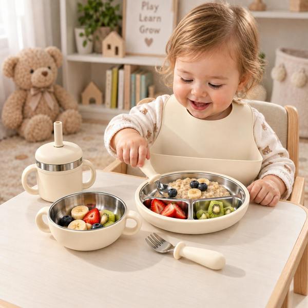 Maison des Cadeaux Baby Feeding & Weaning Set with Stainless Steel Plate, Bowl, Bib, Cup & Cutlery - Cream
