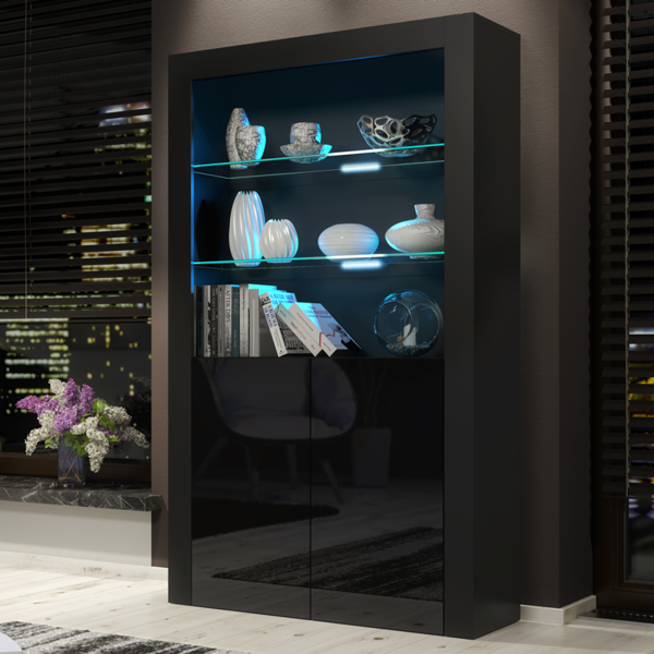 Mex Furniture Premium 170cm Cabinet Sideboard Black High Gloss Doors Display Unit & Free LED Lights