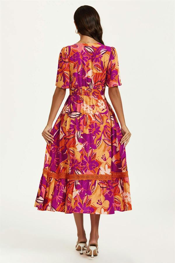 FS Collection Floral Print Button Down Maxi Dress In Pink Orange