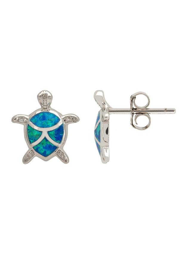 Turtle-shaped earrings with blue and green opal inlay on a white background