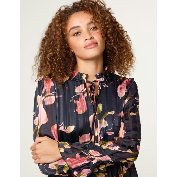 Blue Vanilla Tie Neck Floral Chiffon Smock Dress