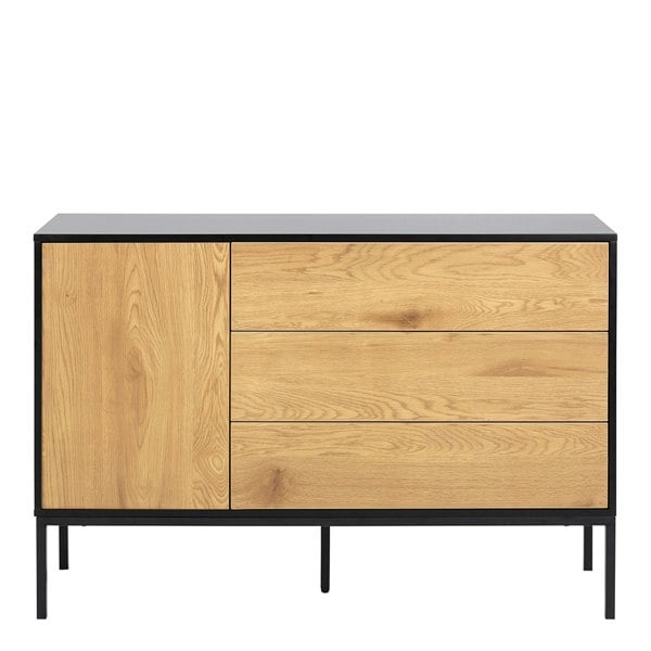 Furniture To Go Seaford 1 Door 3 Drawer Small Sideboard in Black & Oak