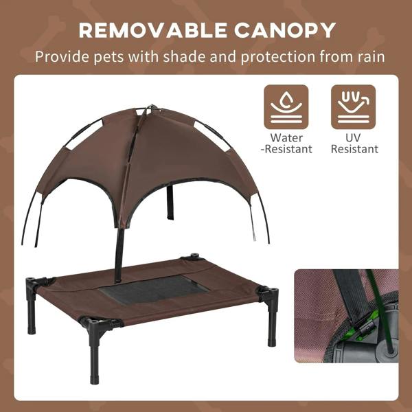 Brown elevated pet cot with removable dome canopy and water- and UV-resistant cover