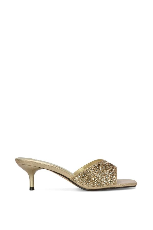 XY LONDON Sparkly Crystal Kitten Heeled Sandal Mules - Gold