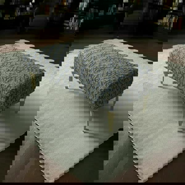 Sleek Profile Upholstered Bench with vibrant artistic fabric and wooden legs