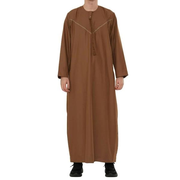 HM10 - Men's Emirati Omani Zipped Embroidery Thobe - Camel - Thobez - 43