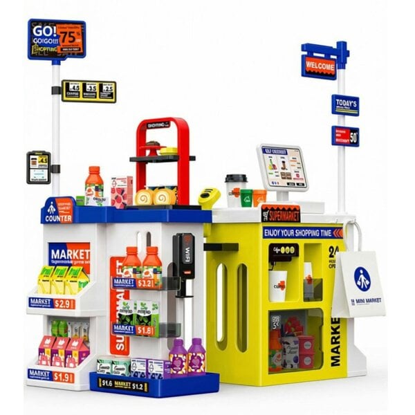 deAO Toys Kids Supermarket & Cafe Playset Blue– 67PCS Ages 3+