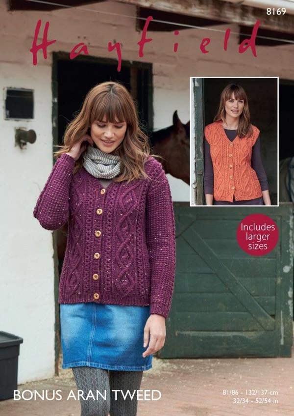 Hayfield Bonus Aran Tweed Knitting Pattern 8169, Cardigans, Waistcoats for Women, 32 - 54 Inches