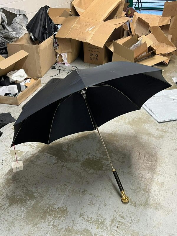 Alexander McQueen Gold Skull Umbrella Wood Detailing Black