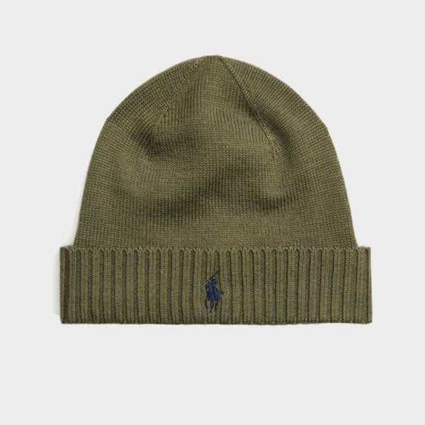 Supplied Fashion khaki green wool beanie with embroidered Ralph Lauren logo on the ribbed cuff