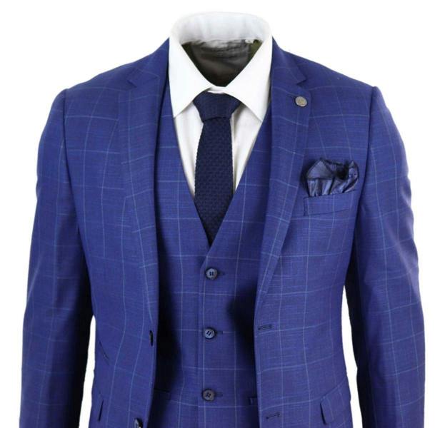 Paul Andrew Mens 3 Piece Royal Blue Check Vintage Retro Suit