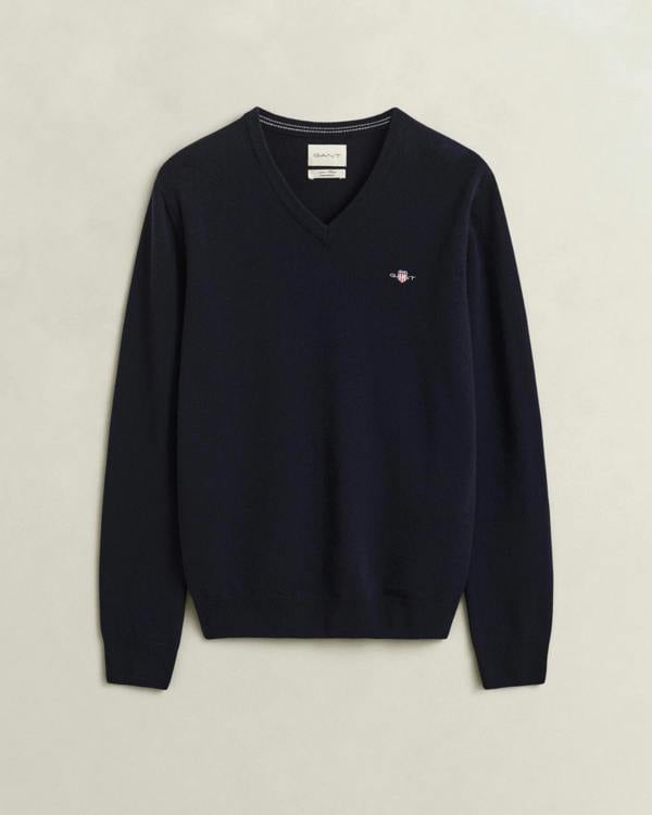 GANT Mens Superfine Lambswool V - Neck Sweater - 410 Marine | CHO | Designer Mens V - Neck Jumpers