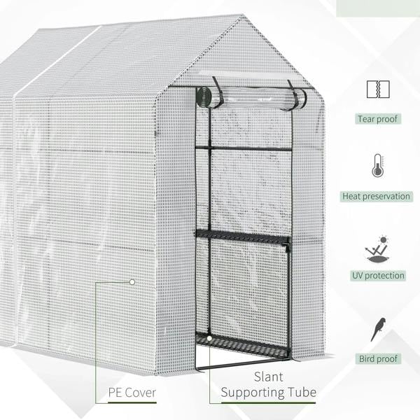 White walk-in greenhouse with open door and two-tier shelves on support tubes