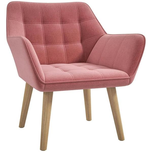 Pink upholstered accent armchair with wide arms, slanted back, thick padding