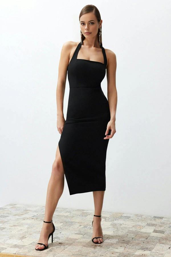 WOVCOR Body-Fitting Midi Woven Dress with Slit Detail