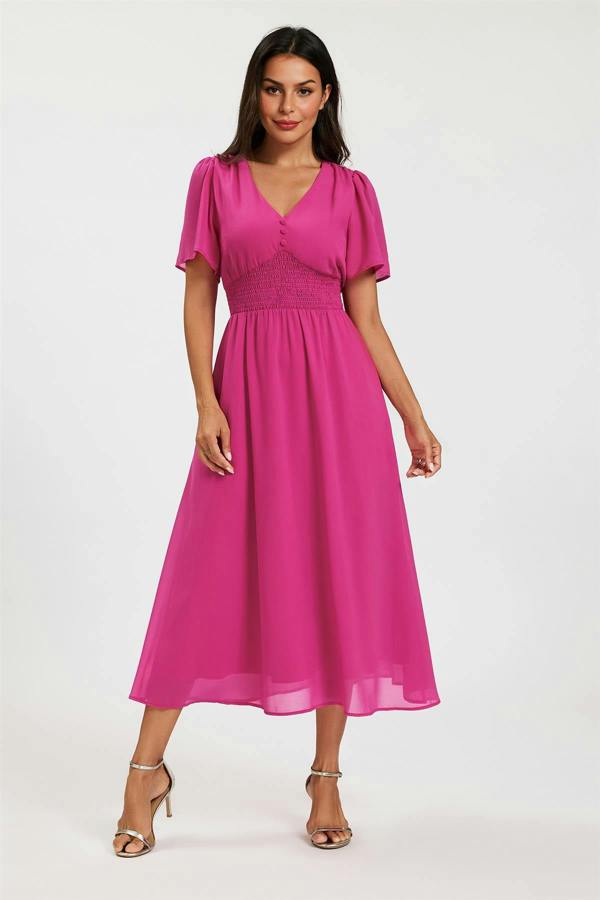 FS Collection Fuchsia V Neckline Shirred Waist Midi Dress