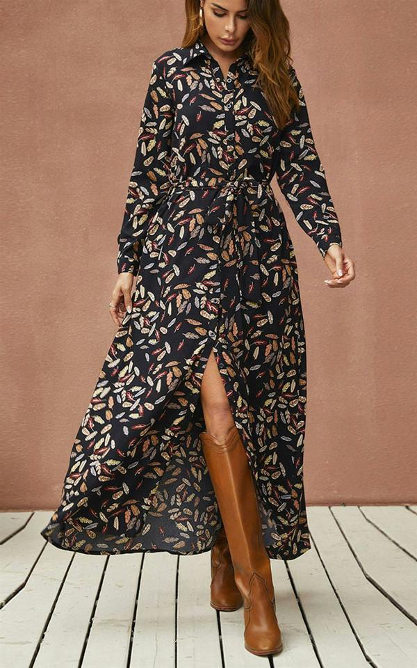 FS Collection Leaf Print Black Shirt Dress With Tie Waist + Free Gold Stretch Leaf Belt