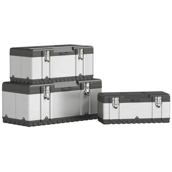 Stainless steel toolbox set with three lidded cases, metal latches, and black trim