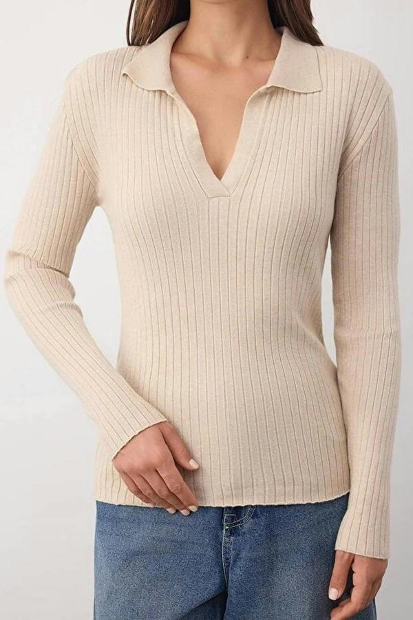 WOVCOR Polo Collar Ribbed Knit Sweater
