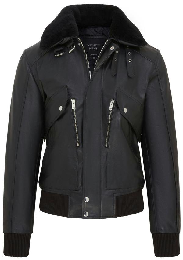 Infinity Leather Mens Black Leather Cowhide Aviator Bomber Jacket  - Akhiok
