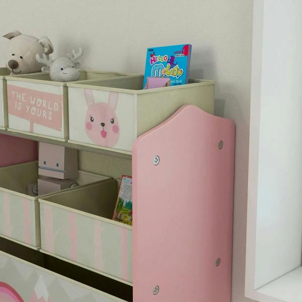 Pink kids storage unit corner view with six bins and open front compartments for toys