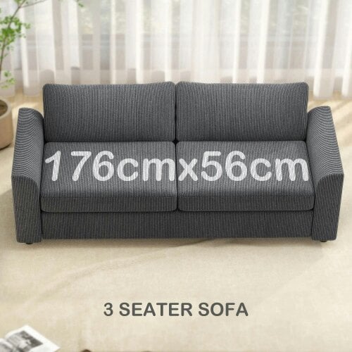 Bobobiy Modern 3 Seater Sofa with Spring Cushion, 212 cm Fabric Jumbo Cord Sofa Couch with 2 Scatter Cushions, Upholstered Corduroy Settee, Grey